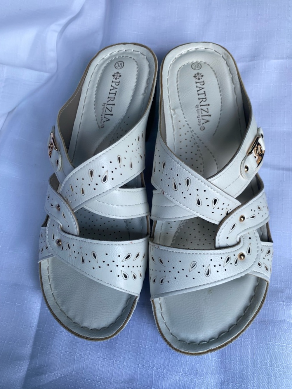 Patrizia Women's White Perforated Cross-Strap Sandals with Gold Accents